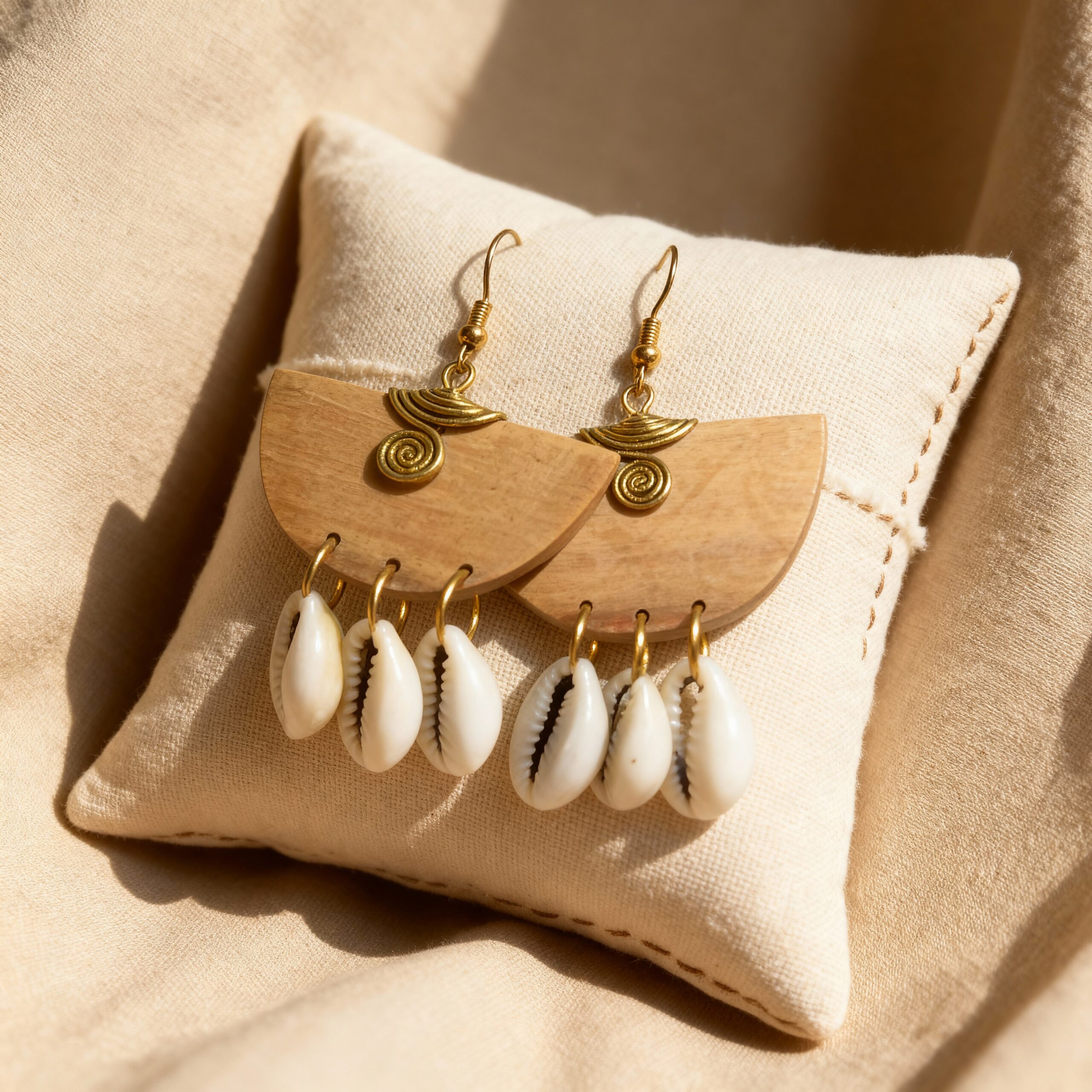 Boucles d'Oreilles Pendantes : Bois Clair et Cauris Naturels